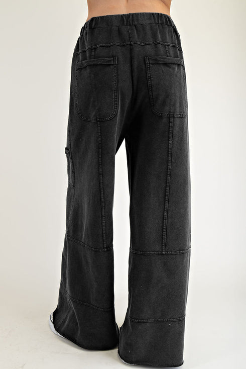 High Waist Mineral Wash Exposed Seam Drawstring Wide Leg Pants
